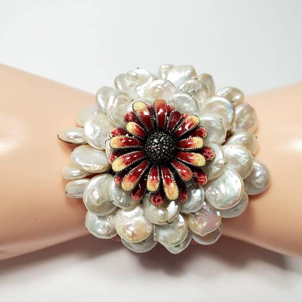 Whimsical Freshwater Pearl and Sterling Silver Artisan Cuff Bracelet